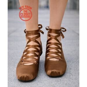 ZARA Lace Up Ballet Flats NWT Ochre Brown Satin Effect Size 7.5